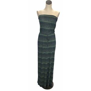 En Creme Strapless Maxi Dress Medium Blue Green Stripes Drawstring Sundress